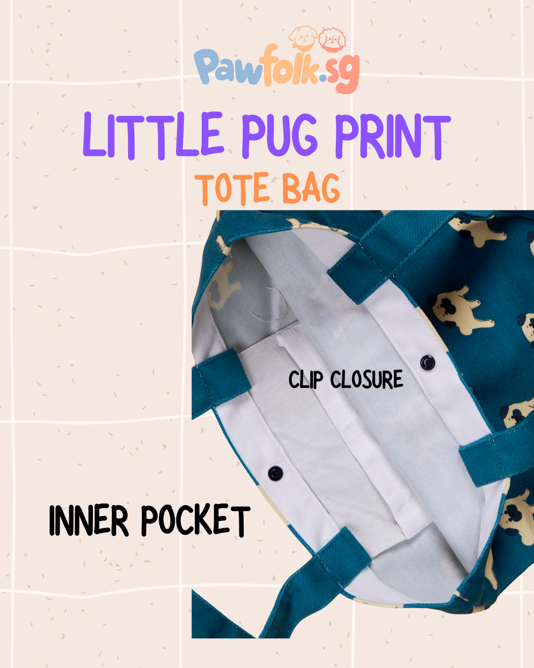 Little pug shoulder carry tote bag